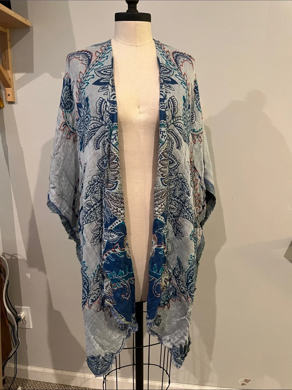 Reversible kimono caftan woven blue paisley one size